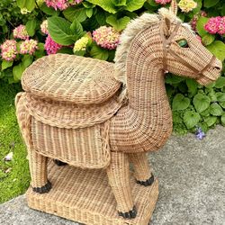 Rare Hand Made MCM Vintage Rattan Wicker Horse Side Table Or Plant Stand 