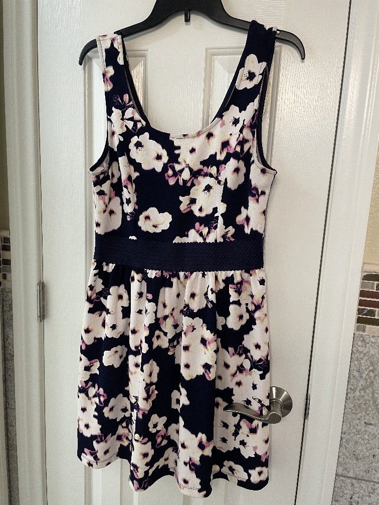 Midnight Blue & White Sleeveless Floral A-line Dress For Teens