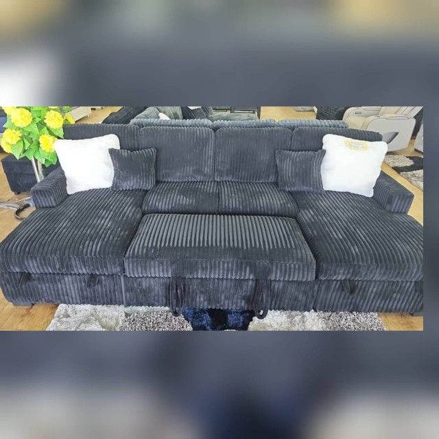 120'Inch U shaped Black Corduroy sectional with Pull out bed sleeper sofa sectional couch pull out sofa