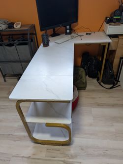 L-Shaped Faux Marble and Gold Desk