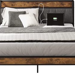 Twin Bed Frame, Storage Headboard with Charging Station, Solid and Stable