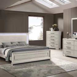 Queen 4 Pc Bedroom Set Come With Dresser,mirror,nightstand & Bed frame / Bed Has Built-In LED lights And No Box spring required 