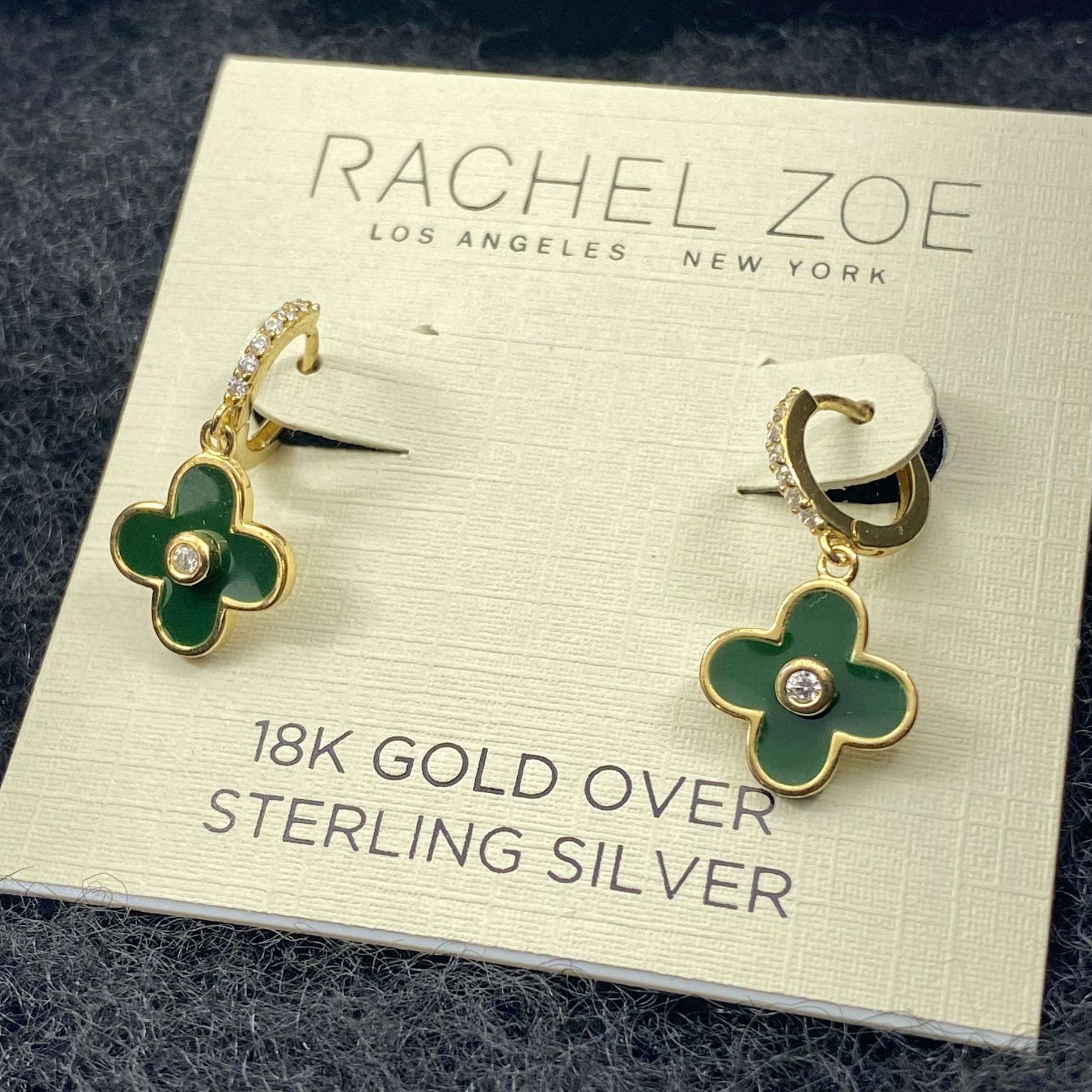 NEW Rachel Zoe Green Clover 18K Gold Plated Sterling Silver Pave Dangle Earrings