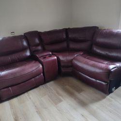 Burgundy Leather Reclining Sectional Sofa with Cup Holders