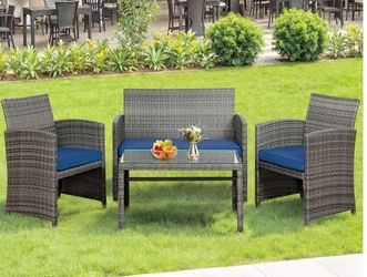 4 Pcs Patio Ratten Set, Outdoor Furniture Set Wicker Conversation Set with Cushions and Tempered Glass Tabletop Outdoor Patio Furniture Sets (Dark Blu