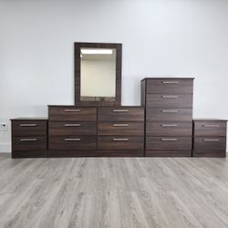 DRESSER WITH MIRROR,  CHEST AND TWO NIGHTSTANDS 