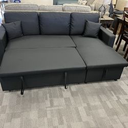 Black Linen Sleeper Sofa Sectional With Reversible Storage Chaise