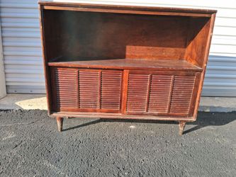 Vintage Mid-Century  Wood Cabinet w/ sliding louvered doors