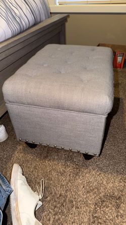Gray Tufted Storage Ottoman with Nailhead Trim