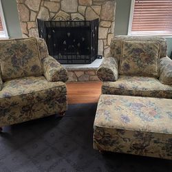 Ethan Allen Club Chairs (2) And Ottoman 
