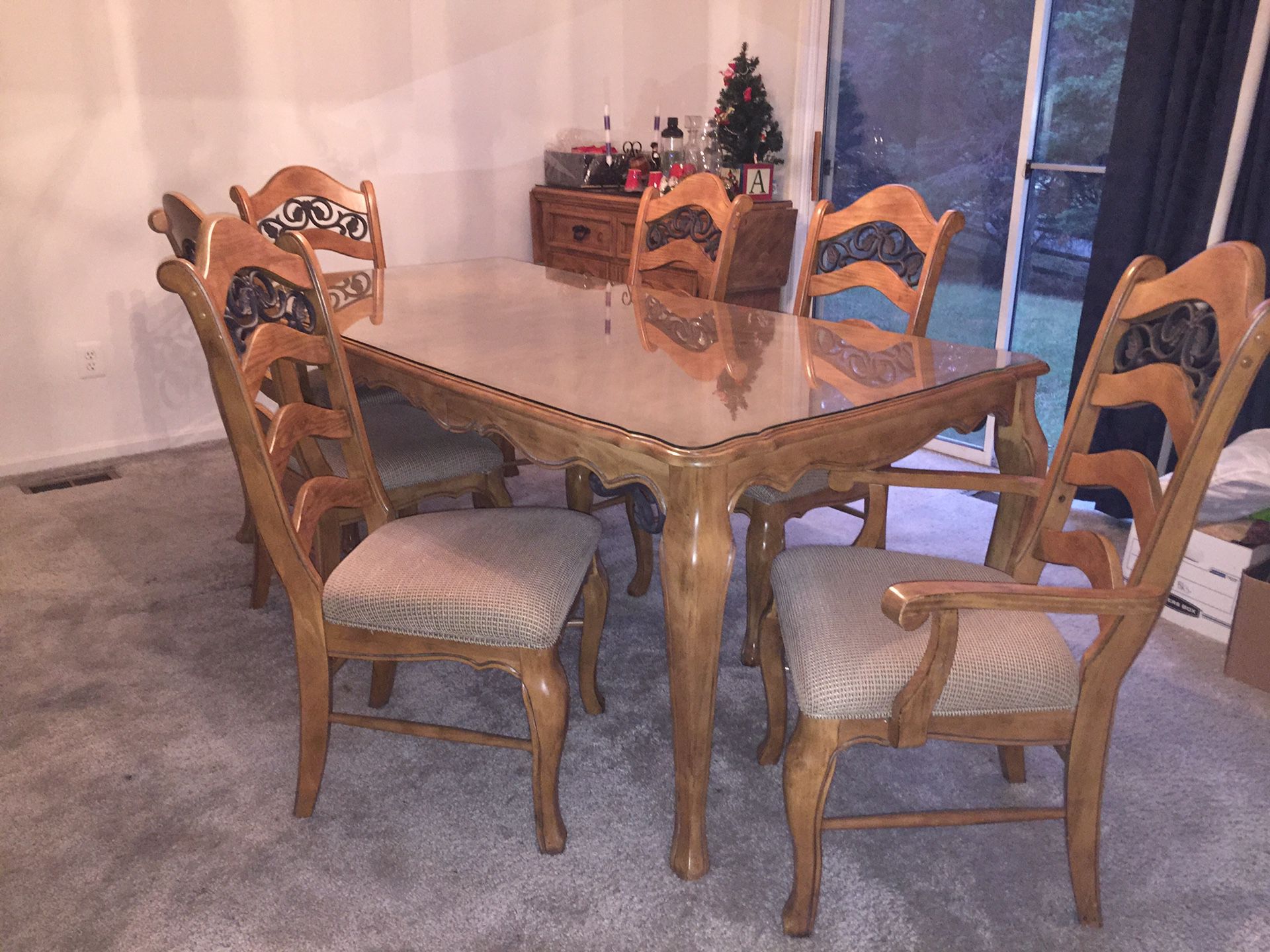 Dining table, chairs, and buffet