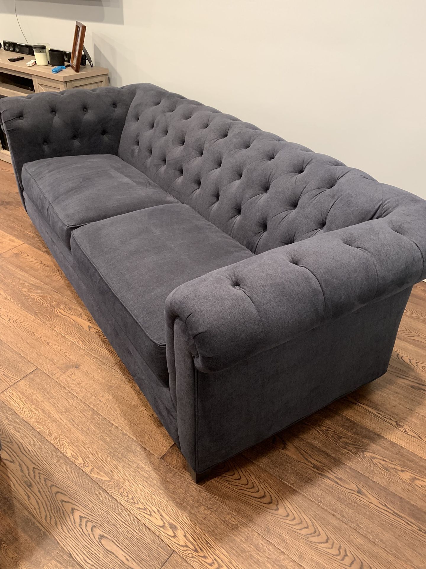 Sofa Couch, Living Spaces, Patterson III , 94”W x 41”D x 31” H, Navy Blue (No Smoke Or Pets)