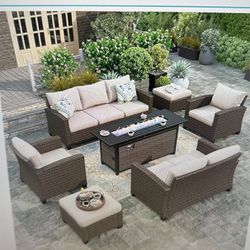 7 Piece Wicker Patio furniture Set With Fire Pit Table