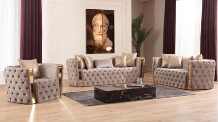 Brand new elegant Naomi taupe sofa loveseat (chair separate)
