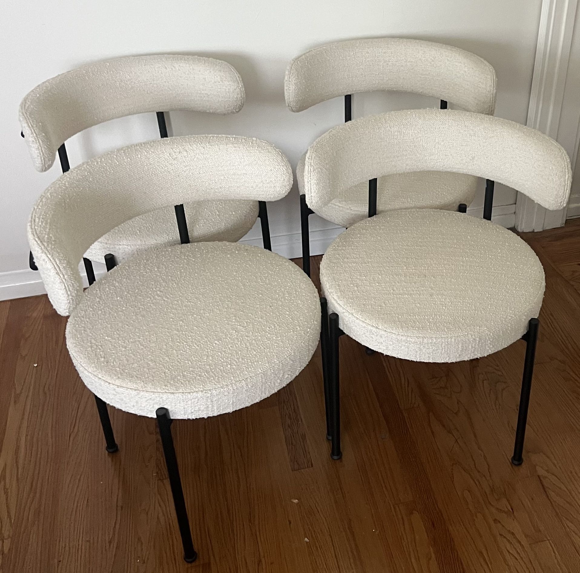 Set of Four CB2 Inesse Boucle Ivory White Black Metal Desk or Dining Chairs Restoration Hardware Pottery Barn 