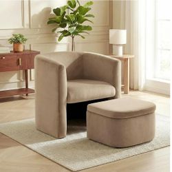 Beige Velvet Armchair and Ottoman Set