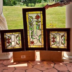 Antique Stained Glass Set (3) 30x16 & 16X16