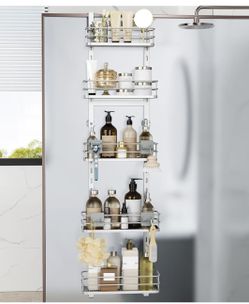 Orimade Over the Door Shower Caddy Adjustable 5 Tier Silver,Bathroom Hanging Organizer Shelf Rustproof with 4