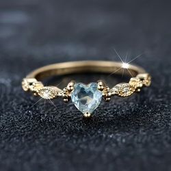 Lovely Ice Blue Heart Shaped Vintage Style Gold Tone Ring