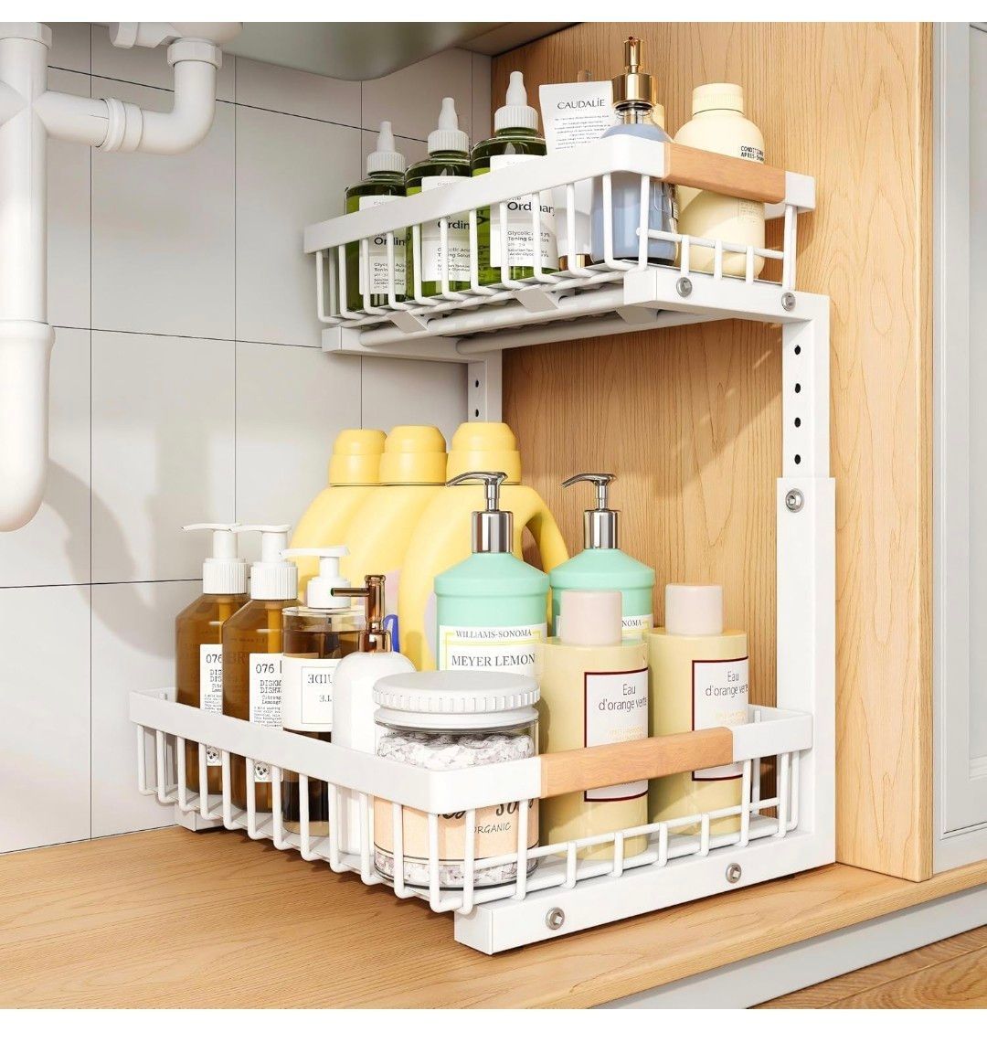 PXRACK Under Sink Organizer, Adjustable Height, 2 Tier Pull Out Under Cabinet Organizer, Slide Out Thickened Metal Under Sink Storage for Kitchen Bath