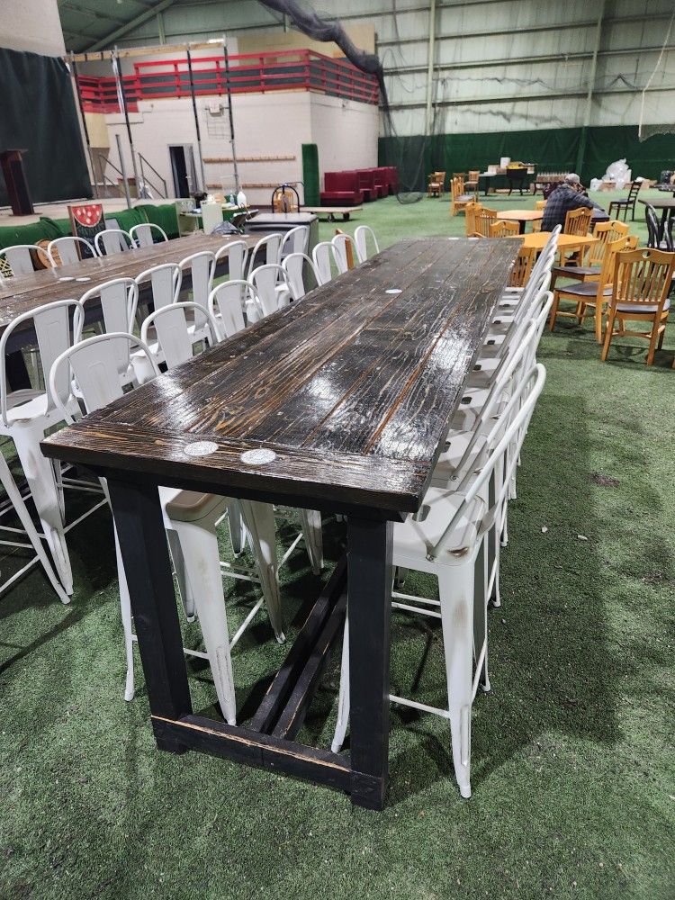 Long Wooden Tables w/ White Metal Bar Stool Chairs 