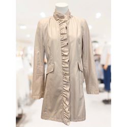 DKNY Khaki Muslin A-Line Ruffle Raincoat Jacket Trench Button Up Sz S