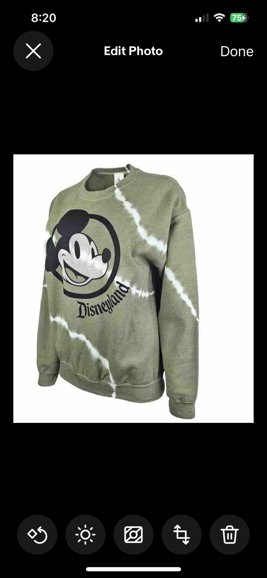 Disneyland Tie-Dyed Vintage Style Mickey Mouse Women’s Medium Green Sweater, made Honduras, 50% cotton, 50% polyester, machine wash, sleeve 23”, armpi