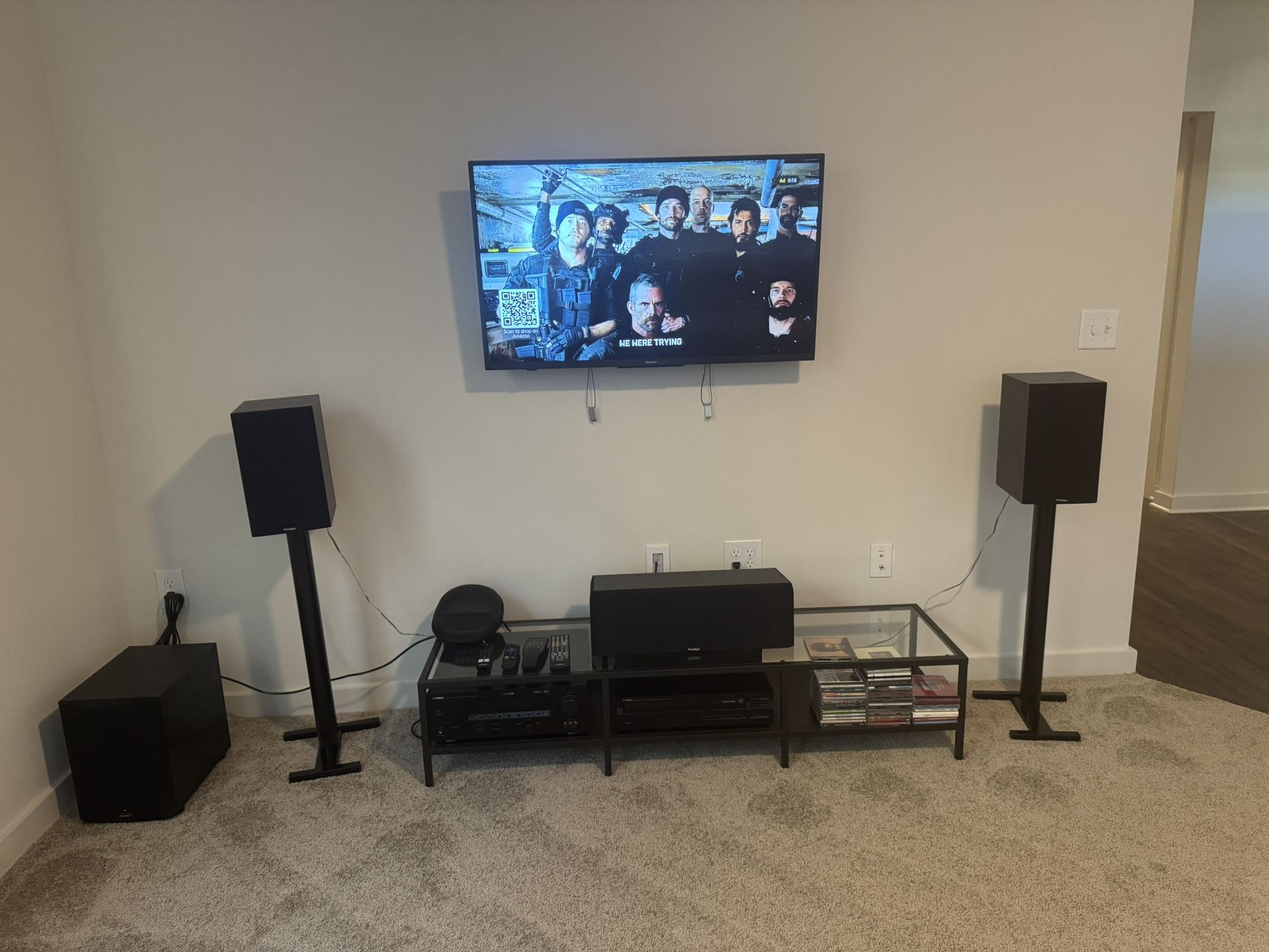 Stereo stand, Receiver, Speakers, Tv, Subwoofer