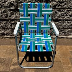 Vintage Sunbeam Aluminum Folding Lawn Chair Web Weaved Green Beige White