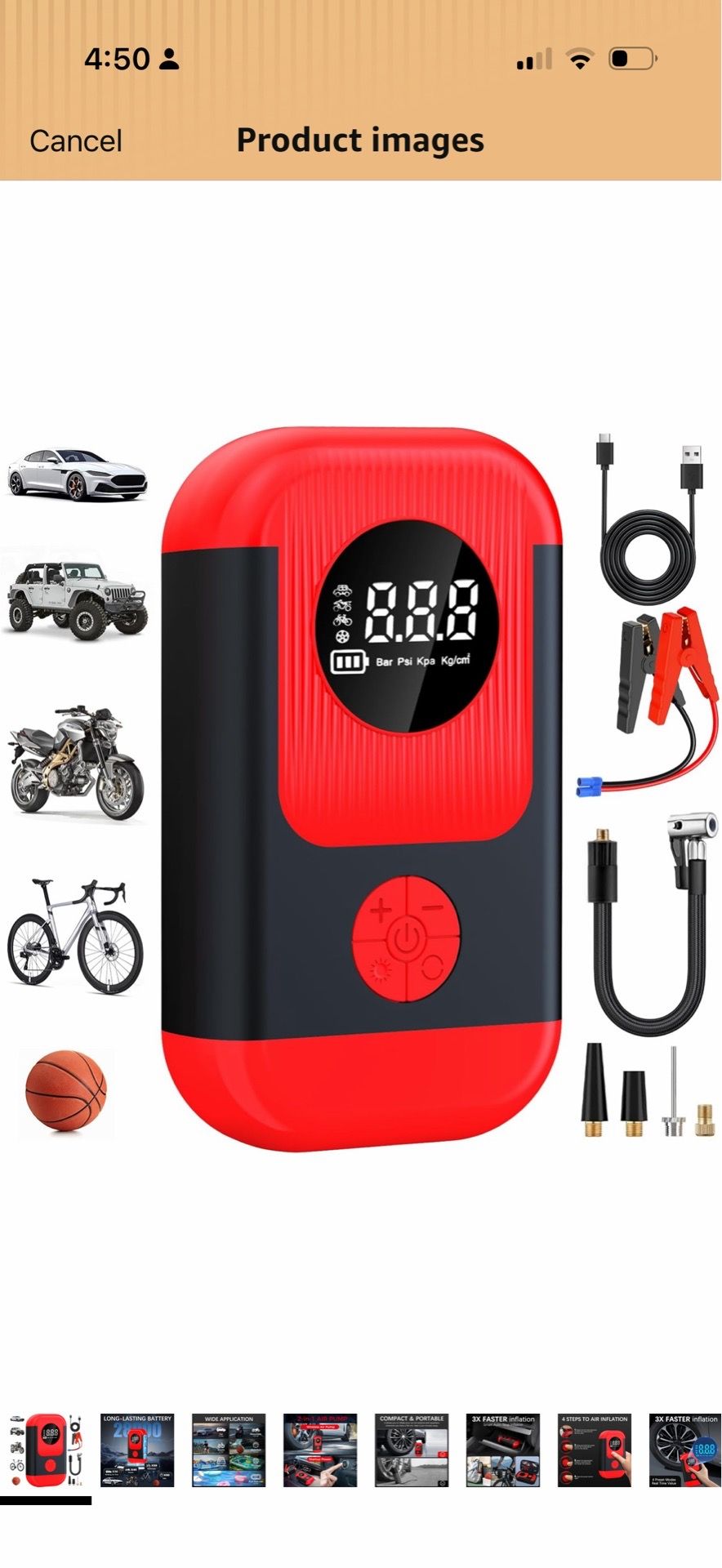 Tire Inflator Portable Air Compressor & Car Jump Starter, Cordless Air Pump with LED Light & Pressure Gauge for Auto,Motorcycles,Bikes,Balls.