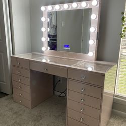 Vanity Makeup PINK Glass Top With Bluetooth Mirror price includes delivery and assembly