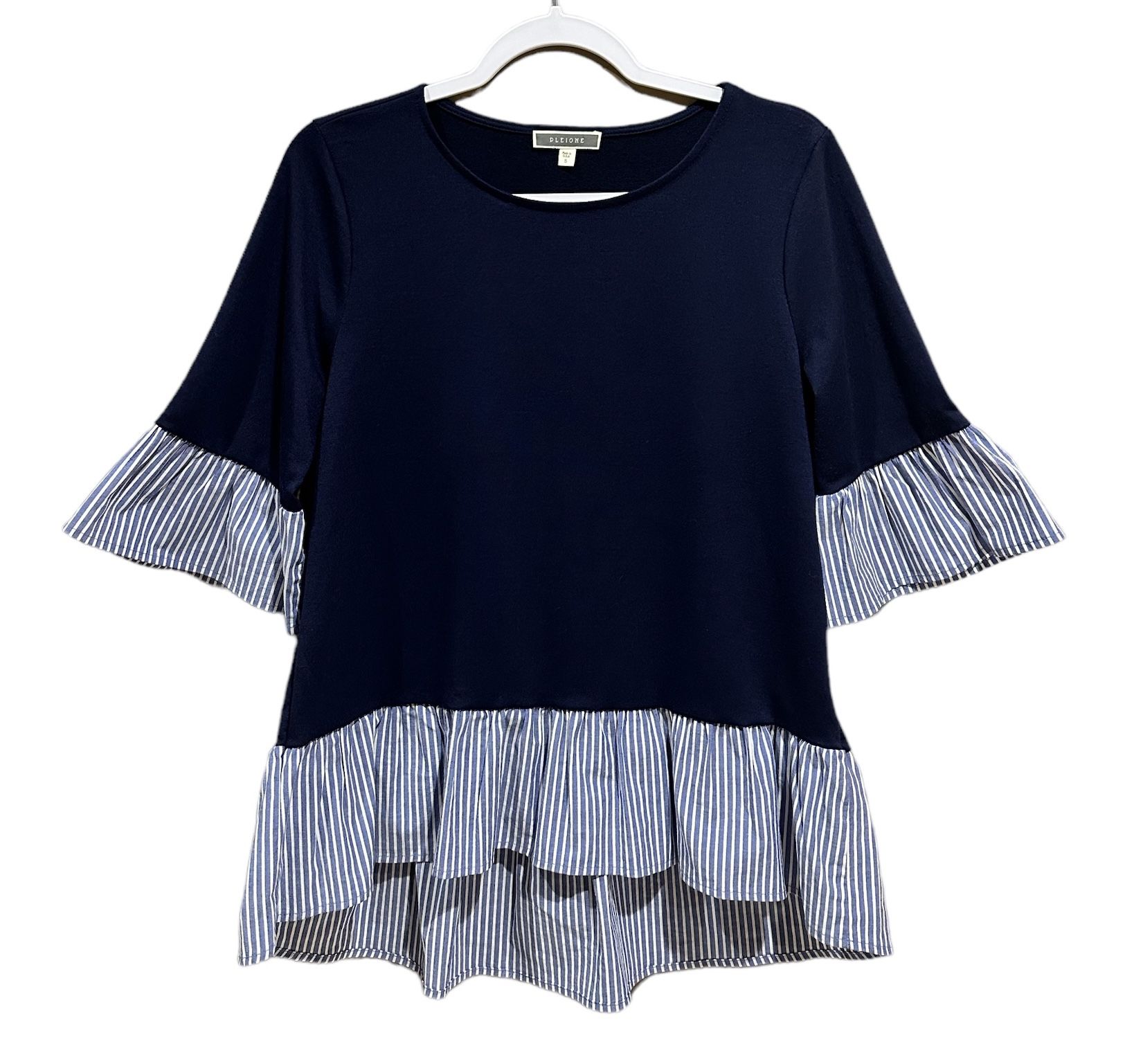 Pleione Anthropologie Women’s Top Navy Blue / Striped Bell Sleeves Peplum Size S