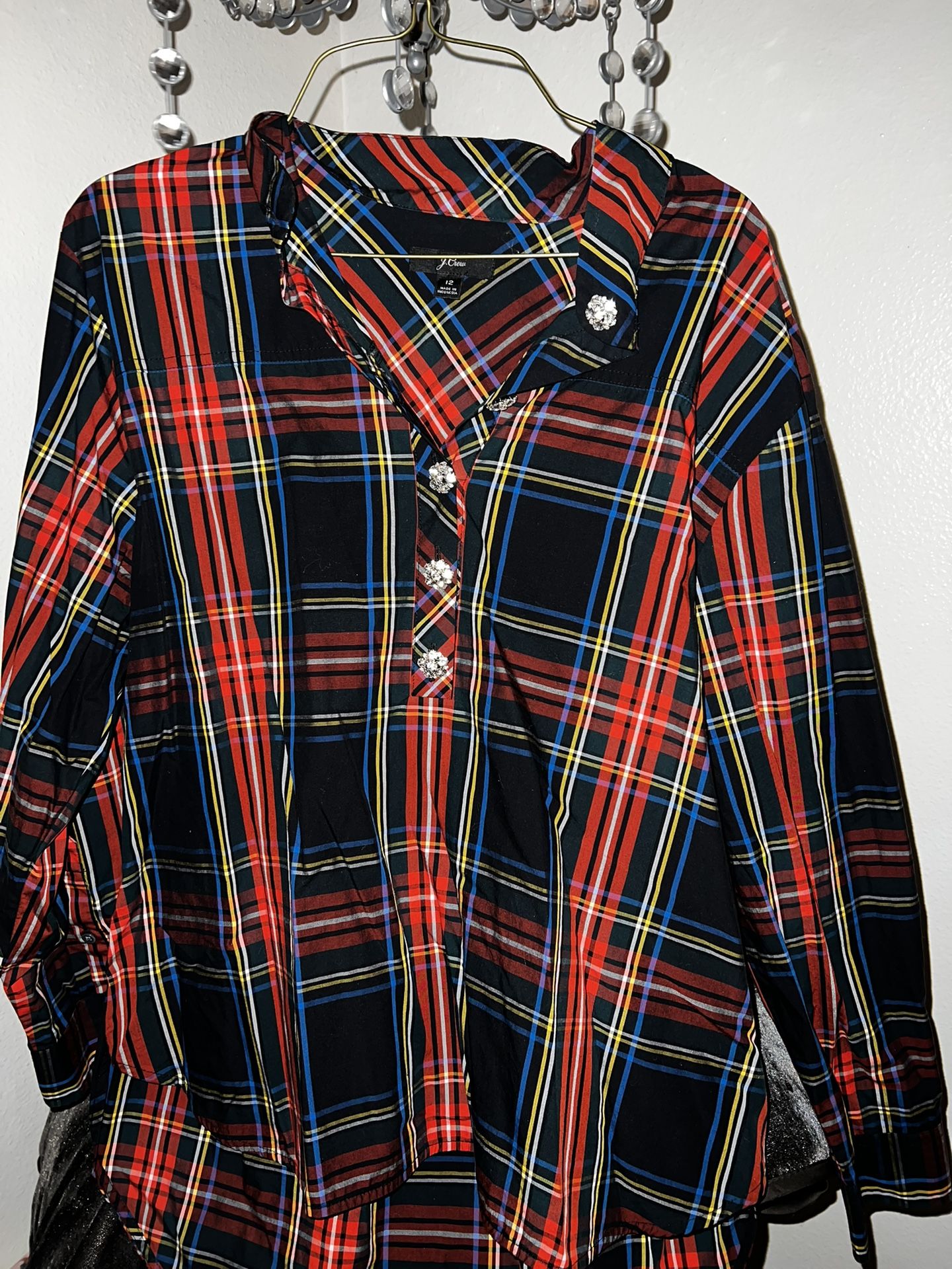 J. Crew Womens Jeweled Button Popover Tunic in Stewart Tartan Size 12