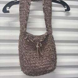Handmade Brown Crochet Shoulder Bag with Drawstring Closure, Handcrafted Purse