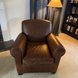 Pair of matching Crate & Barrel leather club chairs & ottoman