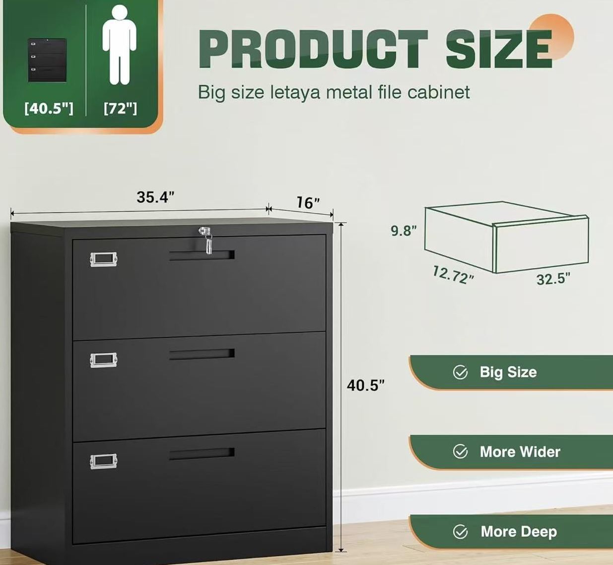 🥨Lateral 3 Drawer File Cabinets with Lock, Metal Filing Storage Vertical Cabinets,Home Office Furniture for Organization Hanging Letter/Legal/F4/A4