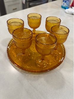 Vintage Amber Juice Glass set with Tray