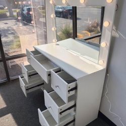 47 inch Vanity Table With mirror Hollywood light 7 drawers