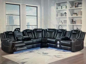 Black Leather Reclining Sectional With Bluetooth Speakers And LED LIGHT