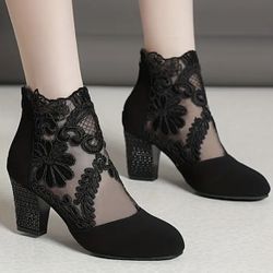 Chic Floral Lace Women's Mid-Heel Boots with Back Zipper