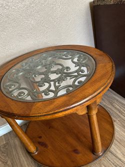 Round Wood End Table with Glass Top