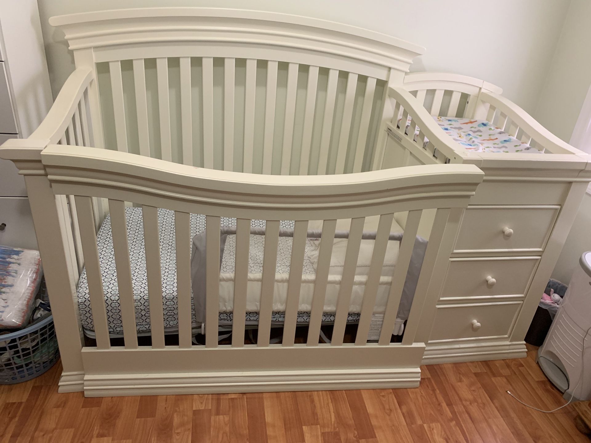 Solid wood Crib with changing table, mattress, and toddler railing for