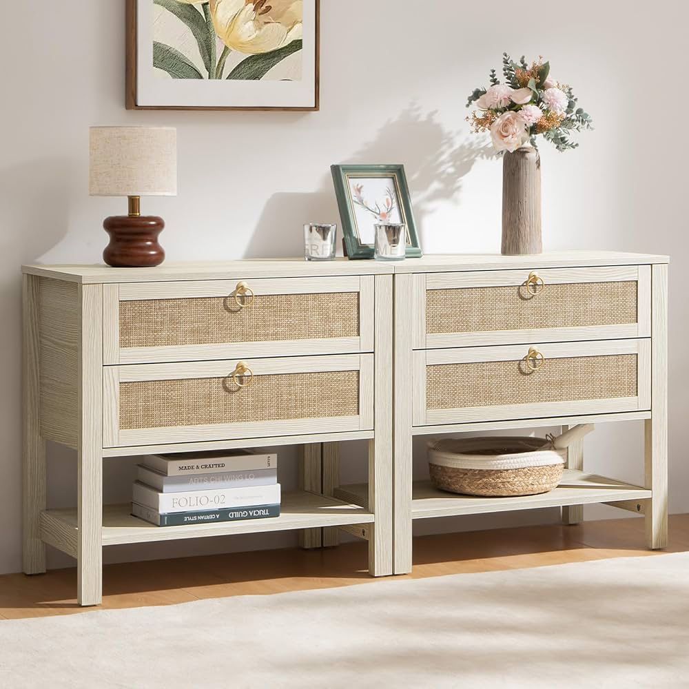 White Rattan Narrow Bedside Table Night Stand, Large Set of 2 Nightstand with Drawers Storage Shelf Boho Side Table for Bedroom 