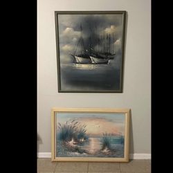 Art Vintage Oil Paintings Set of 2 – Original Beach & Maritime Seascapes, Coastal Wall Art