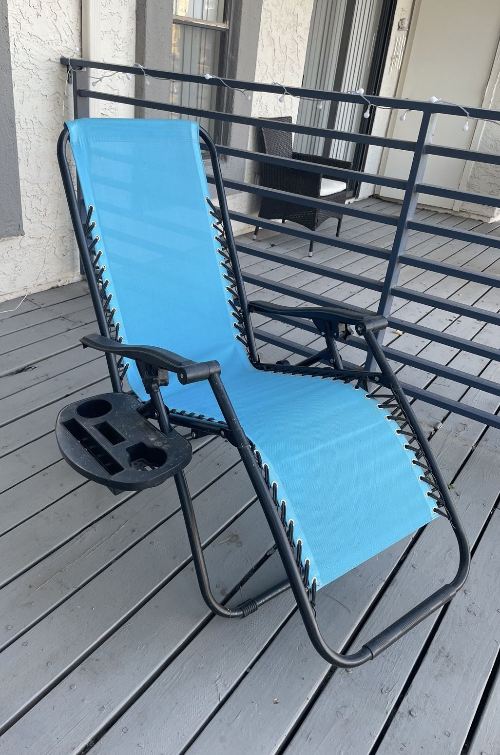 Patio Set (x2) Blue Lounge Chairs with Black Metal Side Table