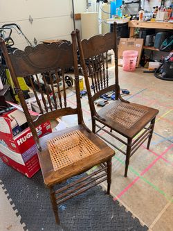 Antique Wood Cane Seat Dining Chairs – Set of 2