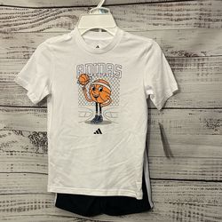 NWT Adidas Kids White Basketball Graphic Tee with black matching set size 5