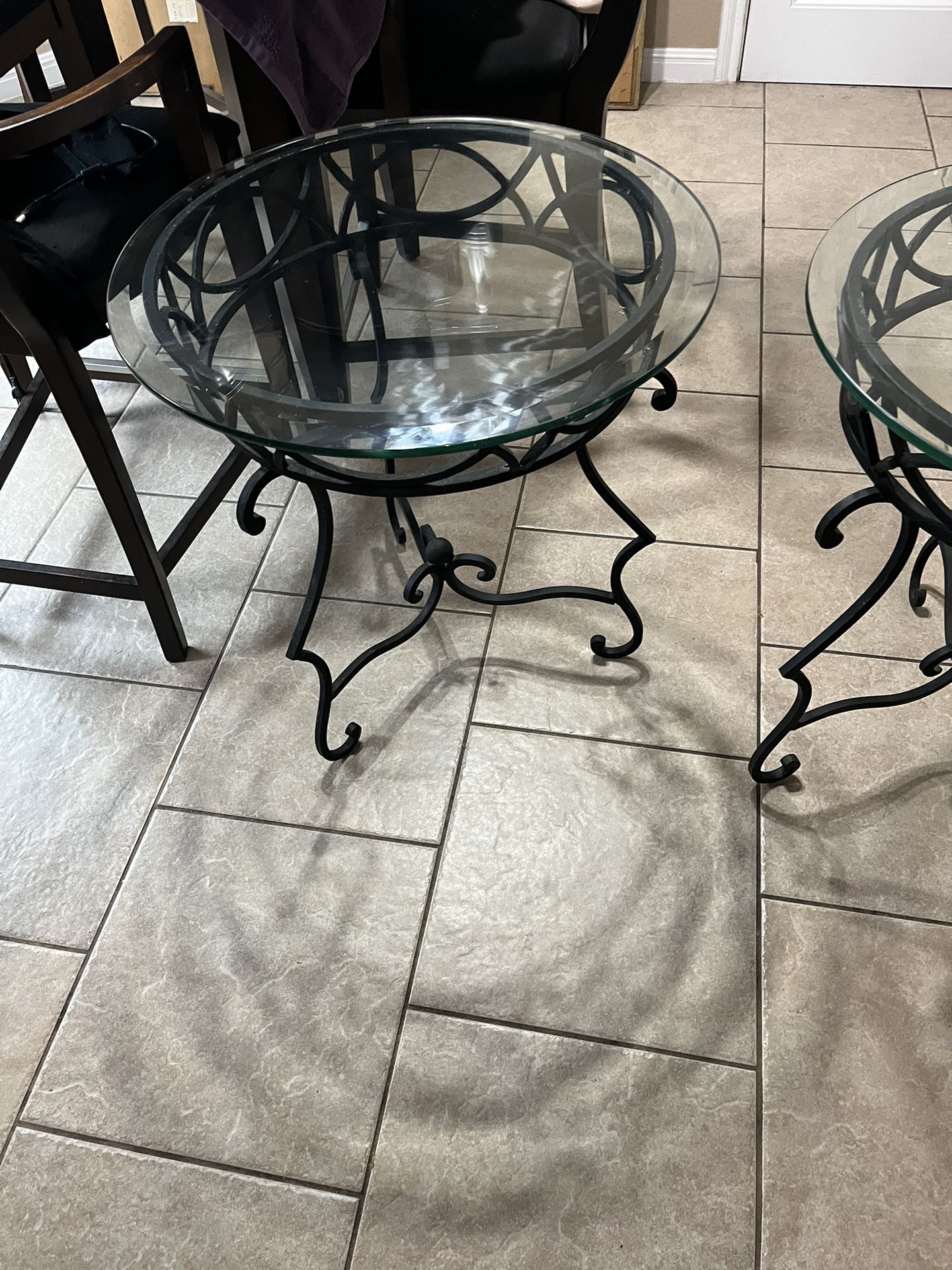 Two Wrought Iron End Tables w/ Beveled Glass
