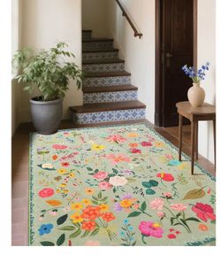 Area Rug 8x10, Washable Large Rugs for Living Room, Non Slip 0.27" Low Pile Vintage Floral Large Carpet for Bedroom, Dining Room, Kids Playroom (Green
