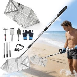 Stainless Steel Sand Fleas Rake with Detachable Handle, Large Basket Sand Sifter Beach Tool for Sand Flea, Shark Teeth, Shells Collecting Surf Fishing